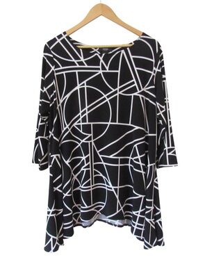Alfani Black White Stained Glass Top 1X Geometric Print Stretch 3/4 Sleeves